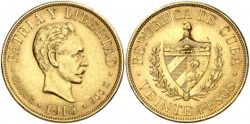 1915. Cuba. 20 pesos. (Fr. 1) (Kr. 21). 33,37 g. AU. Golpecitos. EBC-.