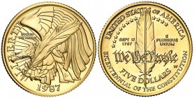 1987. Estados Unidos. W (West Point). 5 dólares. (Fr. 198) (Kr. 221). 8,35 g. AU. Bicentenario de la Constitución. S/C.