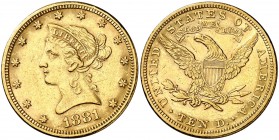 1881. Estados Unidos. 10 dólares. (Fr. 158) (Kr. 102). 16,68 g. AU. Rayitas. MBC+.