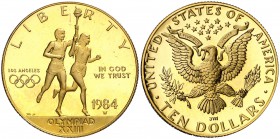 1984. Estados Unidos. W (West Point). 10 dólares. (Fr. 196) (Kr. 211). 16,68 g. AU. XXIII Olimpiadas-Los Ángeles '84. Proof.