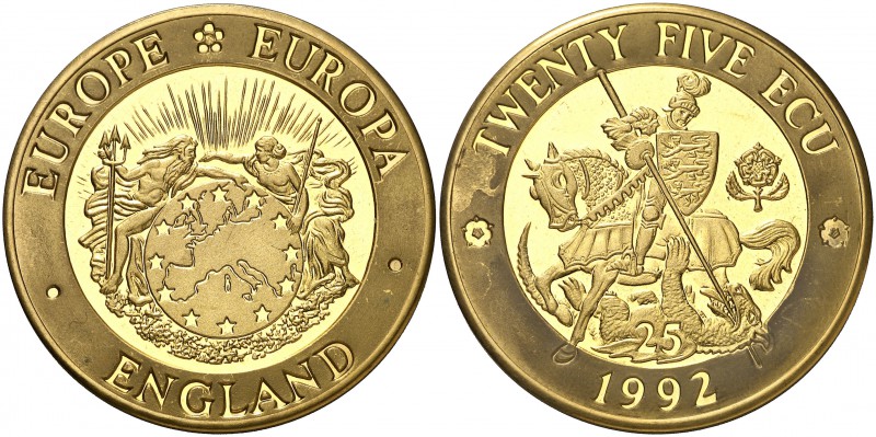 1992. Europa. Inglaterra. 25 ecu. (Kr.UWC. falta). 18,55 g). AU. San Jorge. S/C.