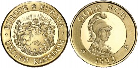 1992. Europa. Reino Unido. 1 ecu de oro. (Kr.UWC falta). 5,82 g. AU. Britania. En estuche oficial con certificado. Proof.