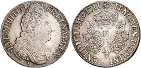 1711. Francia. Luis XIV. K (Burdeos). 1 ecu. (Kr. 386.9). 30,26 g. AG. Buen ejemplar. Escasa así. MBC+/EBC-.