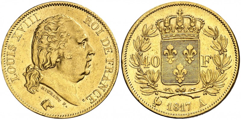 1817. Francia. Luis XVIII. A (París). 40 francos. (Fr. 532) (Kr. 713.1). 12,89 g...