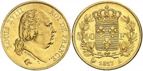 1817. Francia. Luis XVIII. A (París). 40 francos. (Fr. 532) (Kr. 713.1). 12,89 g. AU. Leves golpecitos. MBC+/EBC-.