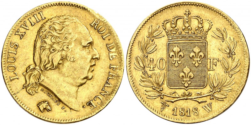 1818. Francia. Luis XVIII. W (Lille). 40 francos. (Fr. 536) (Kr. 713.6). 12,87 g...