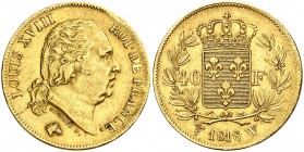 1818. Francia. Luis XVIII. W (Lille). 40 francos. (Fr. 536) (Kr. 713.6). 12,87 g. AU. Golpecito. MBC+.