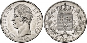 1827. Francia. Carlos X. A (París). 5 francos. (Kr. 728.1). 24,91 g. AG. Leves rayitas. Buen ejemplar. MBC+/EBC-.