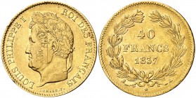 1837. Francia. Luis Felipe I. A (París). 40 francos. (Fr. 557) (Kr. 747.1). 12,82 g. AU. Golpecitos. MBC+.