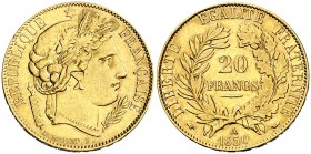 1850. Francia. II República. A (París). 20 francos. (Fr. 566) (Kr. 762). 6,43 g. AU. Escasa así. EBC-.