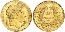 1851. Francia. II República. A (París). 20 francos. (Fr. 566) (Kr. 762). 6,44 g. AU. Escasa así. EBC-.