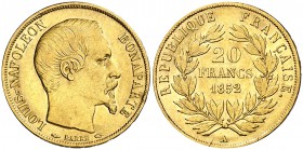 1852. Francia. Luis Napoleón. A (París). 20 francos. (Fr. 568) (Kr. 774). 6,42 g. AU. MBC+.