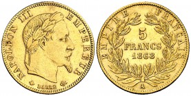 1868. Francia. Napoleón III. A (París). 5 francos. (Fr. 588) (Kr. 803.1). 1,60 g. AU. Escasa. MBC+.