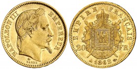 1862. Francia. Napoleón III. A (París). 20 francos. (Fr. 584) (Kr. 801.1). 6,41 g. AU. EBC-.