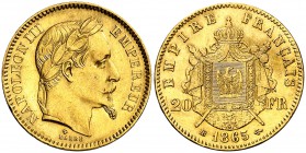 1865. Francia. Napoleón III. BB (Estrasburgo). 20 francos. (Fr. 585) (Kr. 801.2). 6,41 g. AU. Leves rayitas. EBC.