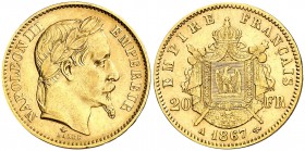 1867. Francia. Napoleón III. A (París). 20 francos. (Fr. 584) (Kr. 801.1). 6,41 g. AU. EBC-.