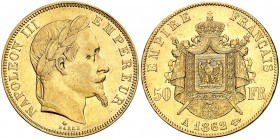1862. Francia. Napoleón III. A (París). 50 francos. (Fr. 582) (Kr. 804.1). 16,05 g. AU. EBC-/EBC.