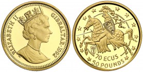 1992. Gibraltar. Isabel II. 70 ecus/50 libras. (Fr. 14) (Kr. 339). 6,21 g. AU. Acuñación de 1.000 ejemplares. En estuche oficial con certificado. Proo...
