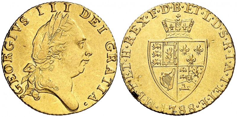 1788. Gran Bretaña. Jorge III. 1/2 guinea. (Fr. 362) Kr. 608). 4,17 g. AU. Limad...