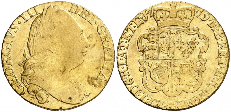 1779. Gran Bretaña. Jorge III. 1 guinea. (Fr. 355) (Kr. 604). 8,24 g. AU. Golpec...