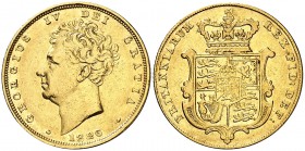 1826. Gran Bretaña. Jorge IV. 1 libra. (Fr. 377) (Kr. 696). 7,86 g. AU. Tipo "escudo". Sirvió como joya. Escasa. MBC.