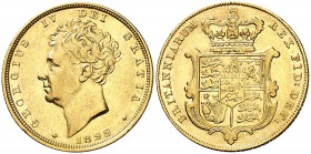 1829. Gran Bretaña. Jorge IV. 1 libra. (Fr. 377) (Kr. 696). 7,92 g. AU. Tipo "escudo". Escasa. MBC+.