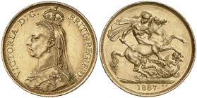 1887. Gran Bretaña. Victoria. 2 libras. (Fr. 391) (Kr. 768). 15,94 g. AU. Golpecitos. Brillo original. Rara. EBC-.