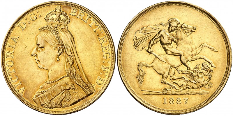 1887. Gran Bretaña. Victoria. 5 libras. (Fr. 390) (Kr. 769). 39,90 g. AU. Leves ...