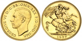 1937. Gran Bretaña. Jorge VI. 2 libras. (Fr. 410) (Kr. 860). 15,99 g. AU. Levísimas rayitas. Bella. Escasa. S/C-.