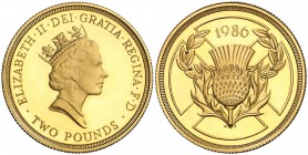 1986. Gran Bretaña. Isabel II. 2 libras. (Fr. 426) (Kr. 947c). 15,93 g. AU. Juegos de la Commonwealth. En estuche oficial con certificado. Proof.