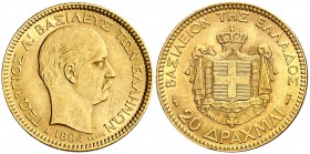 1884. Grecia. Jorge I. A (París). 20 dracmas. (Fr. 18) (Kr. 56). 6,43 g. AU. Leves rayitas. EBC-.