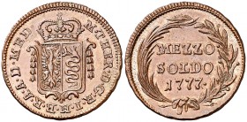1777. Italia. Dominación Austríaca. María Teresa. Milán. 1/2 soldo. (MIR. 441) (Kr. 184). 3,72 g. CU. Bella. EBC+.