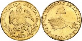 1859. México. Guanajuato. PF. 8 escudos. (Fr. 72) (Kr. 383.7). 26,99 g. AU. Leves rayitas. Parte de brillo original. EBC-.