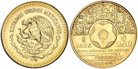 1985. México. 250 pesos. (Fr. 187) (Kr. 500.1). 8,64 g. AU. Mundial de Fútbol-México' 86. En estuche original con certificado. S/C.