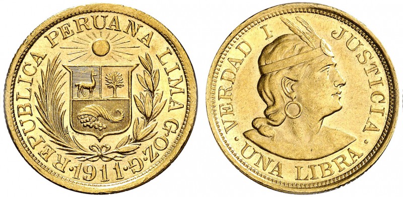 1911. Perú. Lima. 1 libra. (Fr. 73) (Kr. 207). 7,97 g. AU. S/C-.
