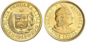 1911. Perú. Lima. 1 libra. (Fr. 73) (Kr. 207). 7,97 g. AU. S/C-.