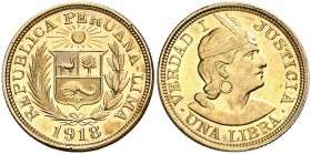 1918. Perú. Lima. 1 libra. (Fr. 73) (Kr. 207). 7,97 g. AU. S/C-.