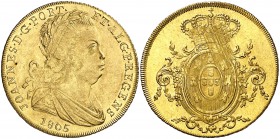 1805. Portugal. Juan, Príncipe Regente. Peça (6400 reis). (Fr. 123). 14,40 g. AU. Rayitas de acuñación. EBC-.