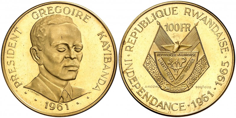 1965. Ruanda. 100 francos. (Fr. 1) (Kr. 4). 30,03 g. AU. Independencia. Acuñació...