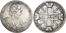 1725. Rusia. Pedro I. 1 rublo. (Kr. 166.3). 27,63 g. AG. Rara. MBC.