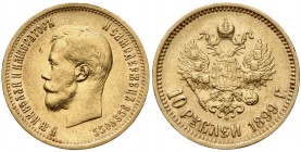 1899. Rusia. Nicolás II. . 10 rublos. (Fr. 179) (Kr. 64). 8,57 g. AU. Golpecitos. MBC/MBC+.
