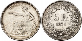 1874. Suiza. B. (Bruselas). 5 francos. (Kr. 11). 24,91 g. AG. Leves rayitas. Escasa. MBC+.