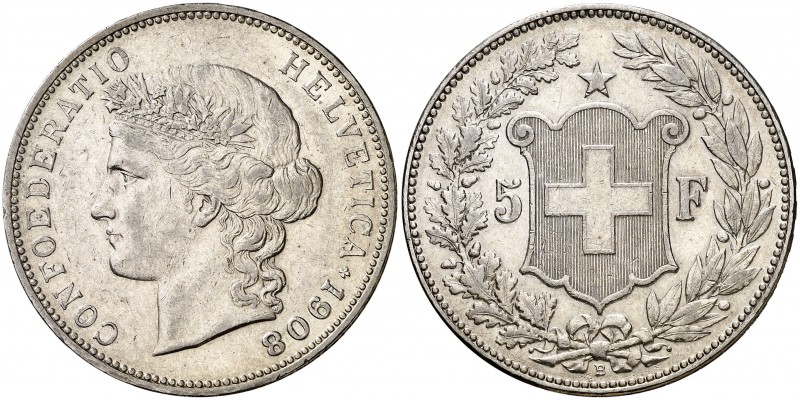 1908. Suiza. B (Berna). 5 francos. (Kr. 34). 24,94 g. AG. Leves marquitas. Parte...