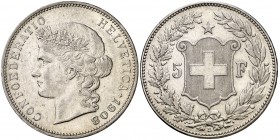 1908. Suiza. B (Berna). 5 francos. (Kr. 34). 24,94 g. AG. Leves marquitas. Parte de brillo original. MBC+/EBC-.