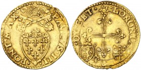 s/d. Vaticano. Pablo III (Alessandro Farnesio) (1534-1549). Bolonia. 1 escudo de oro. (Fr. 344 (error foto)). 3,35 g. AU. Pequeño defecto de cospel. E...