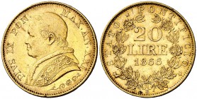 1866. Vaticano. Pío IX. R (Roma). 20 liras. (Fr. 280) (Kr. 1382.2). 6,43 g. AU. AN. XXI. Leves marquitas. Parte de brillo original. MBC+/EBC-.