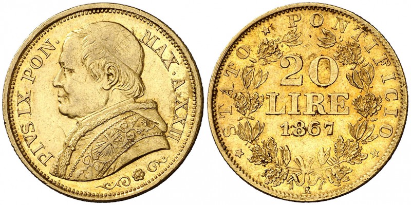 1867. Vaticano. Pío IX. R (Roma). 20 liras. (Fr. 280) (Kr. 1382.3). 6,43 g. AU. ...