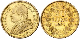 1867. Vaticano. Pío IX. R (Roma). 20 liras. (Fr. 280) (Kr. 1382.3). 6,43 g. AU. AN. XXII. Leves marquitas. Parte de brillo original. EBC-.