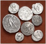 Lote formado por 8 monedas: 1 tetradracma de los Ptolomeos de Egipto, 1 antoniniano, 4 denarios, 1 quinario y 1 victoriato. A examinar. BC-/MBC.