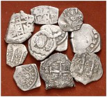 Guatemala , Potosí y Sevilla. 1/2, 1 (cinco) y 2 reales (cuatro). Lote de 10 monedas macuquinas. Muy interesante. A examinar. BC/MBC-.